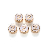 Alloy Enamel Beads, Flat Round, Number, Cadmium Free & Lead Free, Light Gold, White, 8x3.5mm, Hole: 1.5mm(ENAM-R055-04-02-RS)