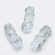 Natural Quartz Crystal Pendants, with Brass Findings, Column with Dragon, Platinum, 40.5~41.5x14x15mm, Hole: 3.5x5mm(G-O163-E04)