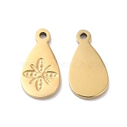 Ion Plating(IP) 316L Surgical Stainless Steel Charms, Teardrop with Flower Charm, Textured, Real 18K Gold Plated, 12x6.5x1mm, Hole: 1mm(STAS-H213-81G)