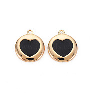 Brass Enamel Pendants, Nickel Free, Real 18K Gold Plated, Flat Round with Heart, Black, 16x14x2mm, Hole: 1.2mm(KK-S356-587E-NF)