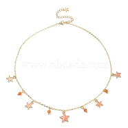 Natural Agate Round & Alloy Enamel Star Charms Bib Necklace with 304 Stainless Steel Chains, Coral, 15.94 inch(40.5cm)(NJEW-JN04404-01)