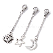 Tibetan Style Alloy Pendant Decoration, with 304 Stainless Steel Lobster Claw Clasps, Sun/Moon/Star, Antique Silver & Stainless Steel Color, 55~57x2mm, 3pcs/set(HJEW-JM01226-01)