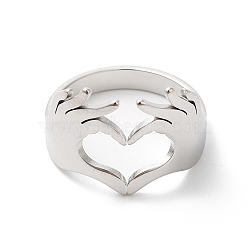 Non-Tarnish 304 Stainless Steel Hand Heart Open Cuff Ring for Women, Stainless Steel Color, Inner Diameter: 17mm(RJEW-K245-45P)