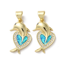 Brass Micro Pave Clear Cubic Zirconia Pendants, with Synthetic Opal, Real 18K Gold Plated, Dolphin & Heart, Dolphin, 20.5x13.5x3.3mm, Hole: 5x3.5mm(KK-C045-02G)