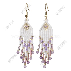 Woven Seed Beads & Natural Amethyst Tassel Dangle Earrings, 304 Stainless Steel, 70x15mm(EJEW-FS00067)