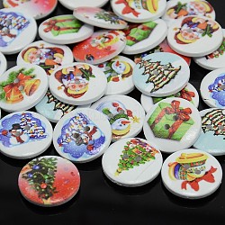 Holiday Buttons, 2-Hole Dyed Flat Round Printed Wooden Sewing Buttons for Christmas, Mixed Color, 15x4mm, Hole: 1.5mm(X-BUTT-P001-15mm-M)