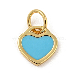 Rack Plating Brass Charms, with Jump Ring and Enamel, Cadmium Free & Lead Free, Long-Lasting Plated, Heart Charm, Real 18K Gold Plated, Deep Sky Blue, 10x9.5x1mm, Hole: 4.4mm(KK-A200-03G-05)