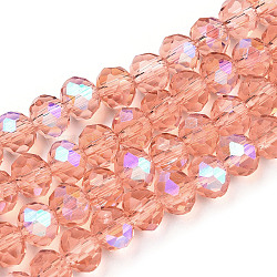 Electroplate Glass Beads Strands, Half Rainbow Plated, Faceted, Rondelle, Salmon, 10x8mm, Hole: 1mm, about 63~65pcs/strand, 19.2~20 inch(48~50cm)(EGLA-A034-T10mm-L24)