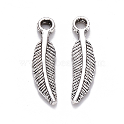 Tibetan Style Alloy Pendants, Feather, Cadmium Free & Lead Free, Antique Silver, 21x5x2mm, Hole: 2mm, about 1610pcs/1000g(TIBEP-S319-075AS-RS)