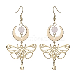 Natural Rose Quartz Dangle Earrings, Golden Brass Butterfly with Moon Long Drop Earrings, 65x33mm(EJEW-TA00398)