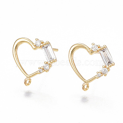 Brass Cubic Zirconia Stud Earring Findings, with Loop, Heart, Clear, Nickel Free, Real 18K Gold Plated, 11x11mm, Hole: 0.8mm, Pin: 0.7mm(X-KK-S350-001G)