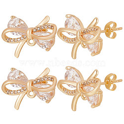 5 Pair Brass Micro Pave Clear Cubic Zirconia Bowknot Stud Earring Findings, with Horizontal Loops and 10Pcs Ear Nuts, Nickel Free, Real 18K Gold Plated, 12.5x17.5mm, Hole: 1.2mm, Pin: 0.8mm(KK-BBC0005-18)