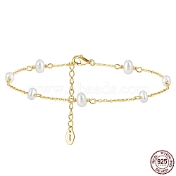 925 Sterling Silver Cable Chain Anklet with Oval Natural Freshwater Pearls for Women, with S925 Stamp, Real 14K Gold Plated, 8-1/2 inch(21.5cm)(AJEW-F162-003G)