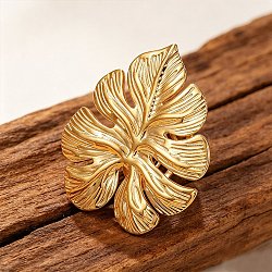 304 Stainless Steel Cuff Open Rings for Women, Monstera Leaf, Golden, US Size 6 1/2(16.9mm)(SA-CBAF040-04G)