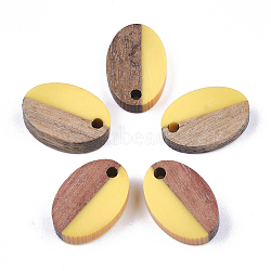 Resin & Walnut Wood Pendants, Oval, Yellow, 15.5x10.5x3~3.5mm, Hole: 1.8mm(RESI-S358-30H)