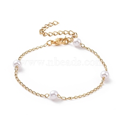Round Plastic Imitation Pearl Beaded Bracelets, with Vacuum Plating 304 Stainless Steel Curb Chains, White, Golden, 6-1/8 inch(15.7cm)(BJEW-E054-06G)