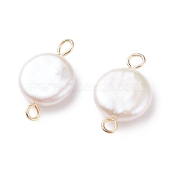 Natural Baroque Pearl Keshi Pearl Connector Charms, Cultured Freshwater Pearl, with 304 Stainless Steel Double Loops, Flat Round, Floral White, Golden, 19.5x11.5x4.5~5.5mm, Hole: 1.8~2mm(PALLOY-JF01495-02)