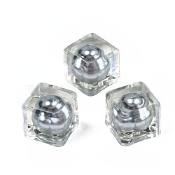 Transparent Acrylic Beads, with ABS Plastic Imitation Pearl Inside, Half Drilled, Cube, Gray, 14x14x12.5mm, Half Hole: 1.2mm(TACR-N006-69)