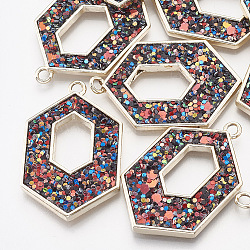 Alloy Pendants, with Sequins/ Paillettes Chips, Hexagon, Golden, Hollow, Red, 38x24x3mm, Hole: 2mm(PALLOY-T050-15A)