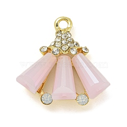 Rack Plating Alloy Glass Pendants, with Rhinestones, Lead Free & Cadmium Free, Fan, Golden, Pink, 23x22x6.5mm, Hole: 2.3mm(FIND-M033-09A-01)