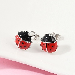 Brass Stud Earrings, with Enamel, Ladybird, Platinum, 12x12mm(EJEW-C134-02P)