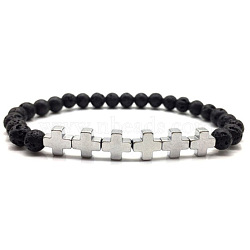 6mm Round Natural Lava Rock Beaded Stretch Bracelets, Synthetic Non-magnetic Hematite Cross Bracelets for Women Men(MB0554-3)