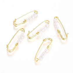 Brass Kilt Pin Brooch Findings, Long-Lasting Plated, with Shell Pearl Beads, White, Real 18K Gold Plated, 23x7.5x2.5mm, Hole: 1.4mm(X-KK-G389-30G)