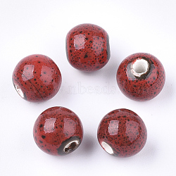 Handmade Porcelain Beads, Fancy Antique Glazed Porcelain, Round, FireBrick, 10.5~11x9.5mm, Hole: 2.5mm(X-PORC-Q262-01I)