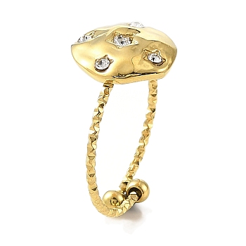 Ion Plating(IP) 304 Stainless Steel Adjustable Ring for Women, with Rhinestone, Flat Round, Real 18K Gold Plated, Adjustable