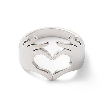 304 Stainless Steel Hand Heart Open Cuff Ring for Women, Stainless Steel Color, Inner Diameter: 17mm