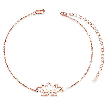 SHEGRACE 925 Sterling Silver Link Anklets, with Cable Chain, Lotus, Rose Gold, 8-1/4 inch(21cm)