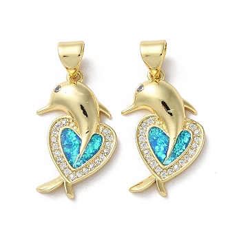 Brass Micro Pave Clear Cubic Zirconia Pendants, with Synthetic Opal, Real 18K Gold Plated, Dolphin & Heart, Dolphin, 20.5x13.5x3.3mm, Hole: 5x3.5mm