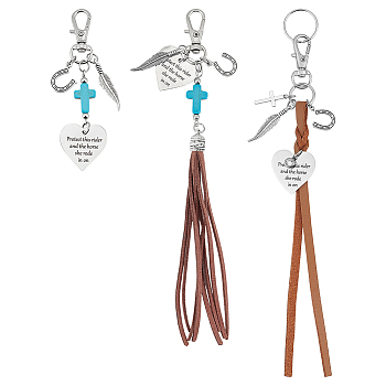 3Pcs Alloy & Synthetic Turquoise & Faux Suede Cord & Flat Imitation Leather Pendant Decorations, with Alloy Swivel Lobster Claw Clasps and Iron Rings, Mixed Color, 88~210mm