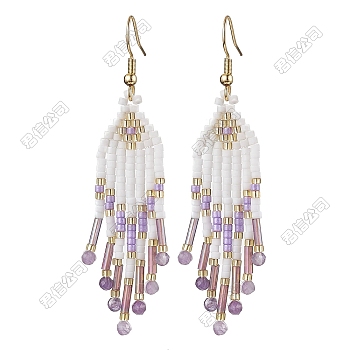 Woven Seed Beads & Natural Amethyst Tassel Dangle Earrings, 304 Stainless Steel, 70x15mm