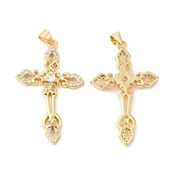 Brass Micro Pave Clear Cubic Zirconia Pendants, Cross Charms, Real 16K Gold Plated, 39x24x4mm, Hole: 4x3.5mm