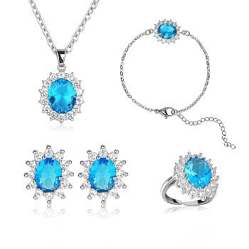 Cubic Zirconia Oval Pendant Necklace & Link Bracelet & Cuff Ring & Stud Earrings, Platinum Brass Jewelry Set for Women, Deep Sky Blue, 413mm, 167mm, Inner Diameter: 17mm, 13.5x11.5mm, Pin: 0.7mm