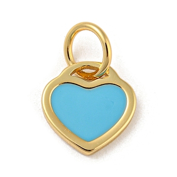 Rack Plating Brass Charms, with Jump Ring and Enamel, Cadmium Free & Lead Free, Long-Lasting Plated, Heart Charm, Real 18K Gold Plated, Deep Sky Blue, 10x9.5x1mm, Hole: 4.4mm
