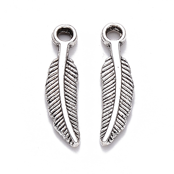 Tibetan Style Alloy Pendants, Feather, Cadmium Free & Lead Free, Antique Silver, 21x5x2mm, Hole: 2mm, about 1610pcs/1000g