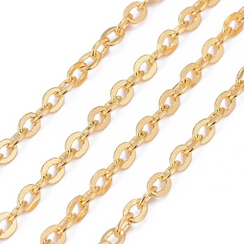 Brass Flat Oval Cable Chains, Unwelded, with Spool, Cadmium Free & Nickel Free & Lead Free, Golden, 3.3x2.6x0.5mm, about 92m/roll