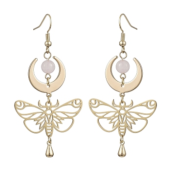 Natural Rose Quartz Dangle Earrings, Golden Brass Butterfly with Moon Long Drop Earrings, 65x33mm