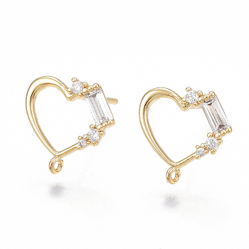 Brass Cubic Zirconia Stud Earring Findings, with Loop, Heart, Clear, Nickel Free, Real 18K Gold Plated, 11x11mm, Hole: 0.8mm, Pin: 0.7mm