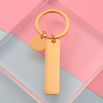 304 Stainless Steel Keychain, with Key Rings, Rectangle with Heart, Golden, 80mm