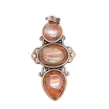 Retro Cherry Quartz Glass Pendants, Bees Pendants, with Red Copper Metal Finding, 47x24mm