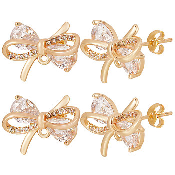 5 Pair Brass Micro Pave Clear Cubic Zirconia Bowknot Stud Earring Findings, with Horizontal Loops and 10Pcs Ear Nuts, Nickel Free, Real 18K Gold Plated, 12.5x17.5mm, Hole: 1.2mm, Pin: 0.8mm