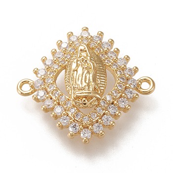 Brass Links Connectors, with Clear Micro Pave Cubic Zirconia, Rhombus with Virgin Mary, Real 18K Gold Plated, 20x21x4.5mm, Hole: 1.2mm