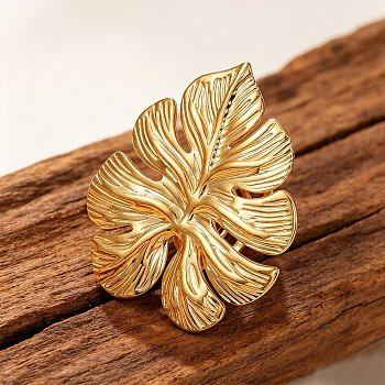 304 Stainless Steel Cuff Open Rings for Women, Monstera Leaf, Golden, US Size 6 1/2(16.9mm)