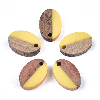 Resin & Walnut Wood Pendants, Oval, Yellow, 15.5x10.5x3~3.5mm, Hole: 1.8mm