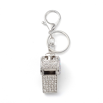 Shining Zinc Alloy Rhinestone Whistle Pendant Keychain, for Car Key Bag Charms Ornaments, Crystal, 11.9cm