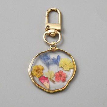 Epoxy Resin Pendant Decorations, with Dried Flower inside and Light Gold Tone Alloy Swivel Clasps, Flat Round, Colorful, 7cm, Pendant: 35x34x3.6mm