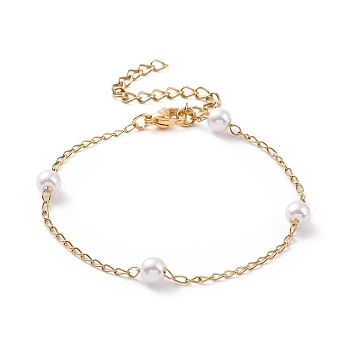 Round Plastic Imitation Pearl Beaded Bracelets, with Vacuum Plating 304 Stainless Steel Curb Chains, White, Golden, 6-1/8 inch(15.7cm)